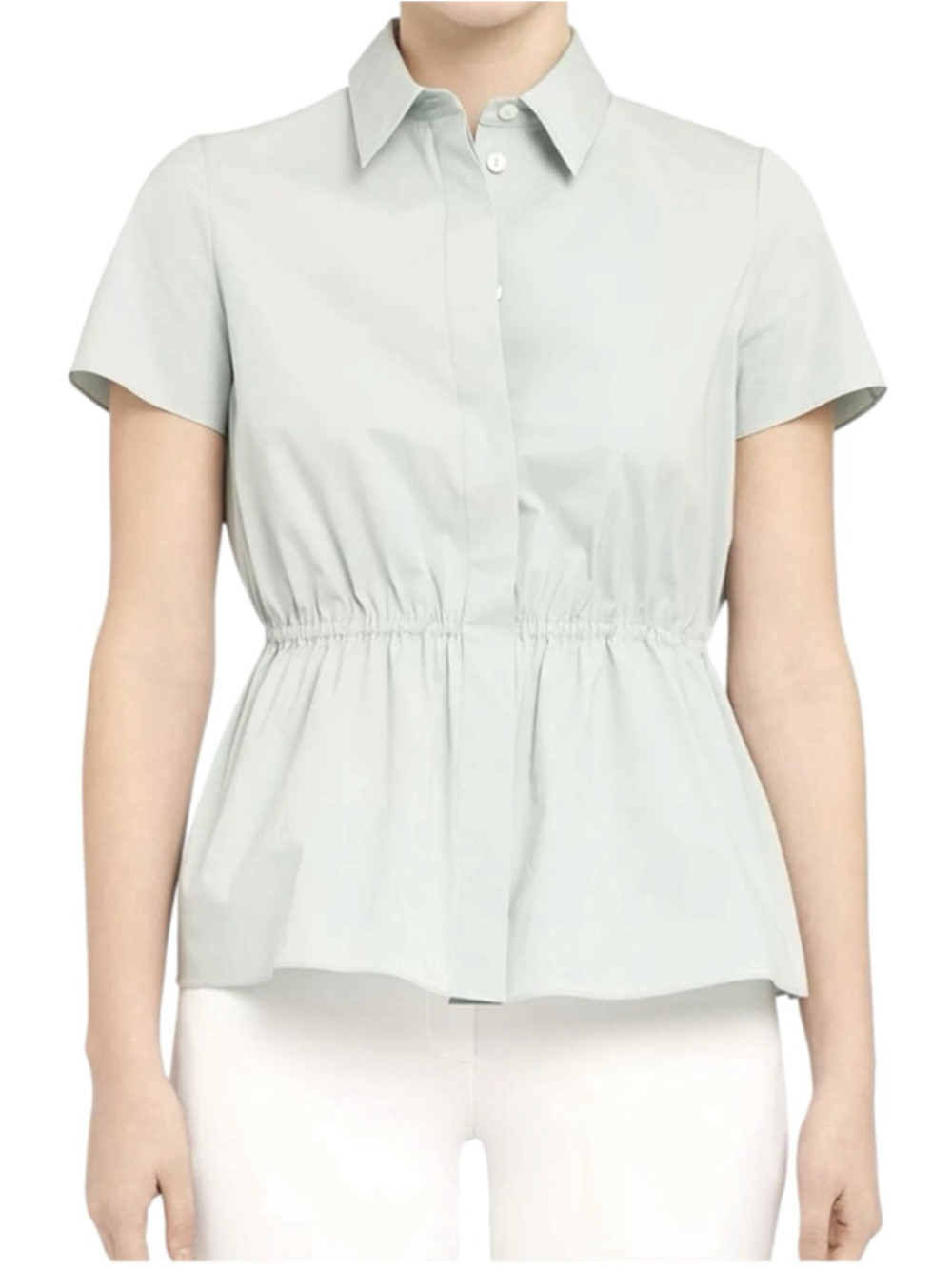 Theory Short-Sleeve Cinched Stretch Cotton Shirt Medium Solid Sage Peplum